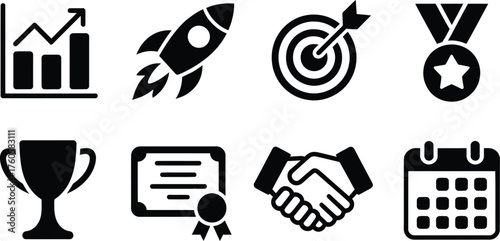 Collection of business success icons featuring growth chart rocket target medal trophy certificate handshake and calendar