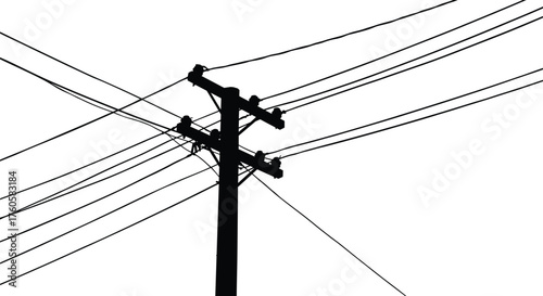 Silhouette vector illustration of utility pole with power lines, electrical distribution infrastructure, urban energy network, minimalist black and white design