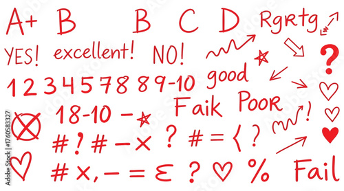 Vector art of collection of handdrawn school grades and feedback set of doodle elements for education, evaluation, and assessment vector illustration of handwritten marks and symbols