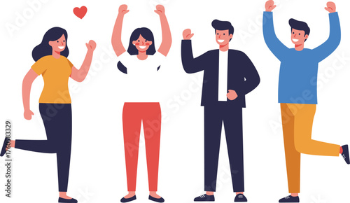 Diverse group of four happy people with arms raised in celebration and joy expressing excitement and success together