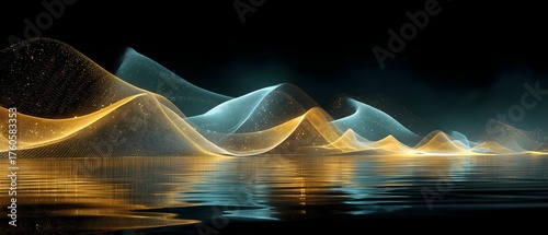 Golden and teal glowing waves over dark water, futuristic abstract landscape – AI generated
