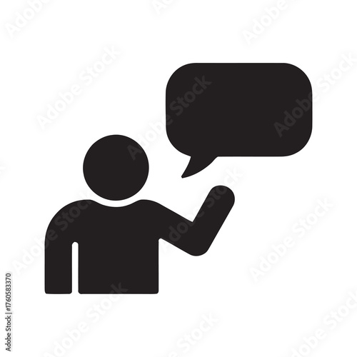 Person gesturing with a speech bubble concept of presentation explanation and communication speaker sharing information or giving a lecture to audience