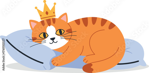 Adorable orange tabby cat wearing a golden crown rests comfortably on a soft blue pillow looking regal and pampered