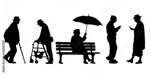 Diverse elderly silhouettes depicting daily activities and leisure in a simple graphic style silhouette