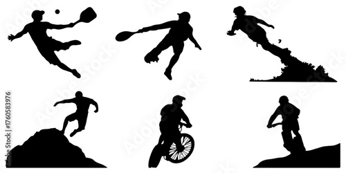Dynamic silhouette collection six different sports figures in action capturing athleticism and movement excitement silhouette