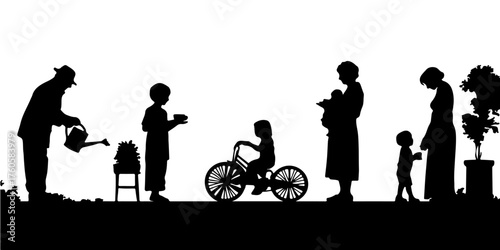 Silhouettes of a family in different life stages enjoying outdoor activities gardening cycling and growing plants silhouette
