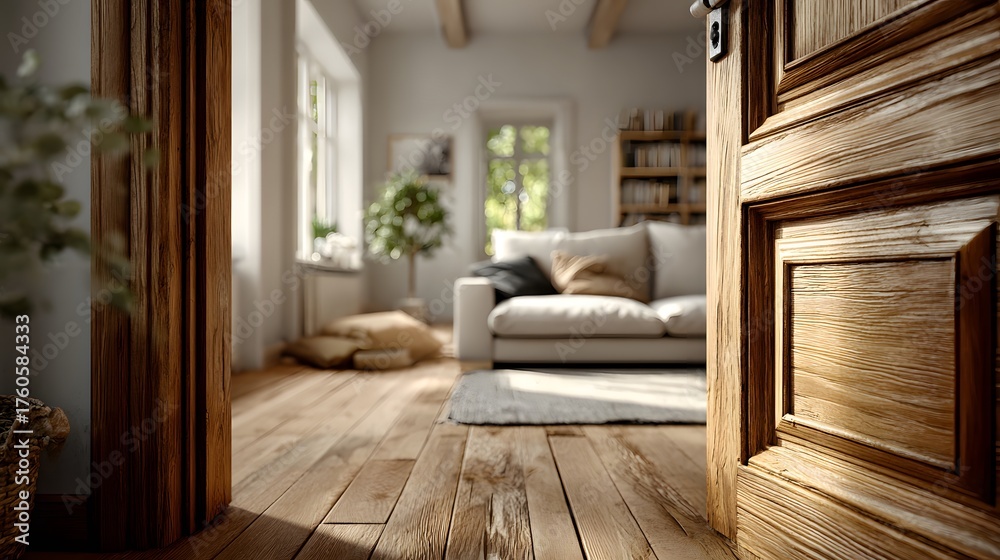 Naklejka premium View through a beautifully crafted, open pine wood door and doorframe, looking into a bright, minimalist living room. The interior room is softly focused and welcoming.