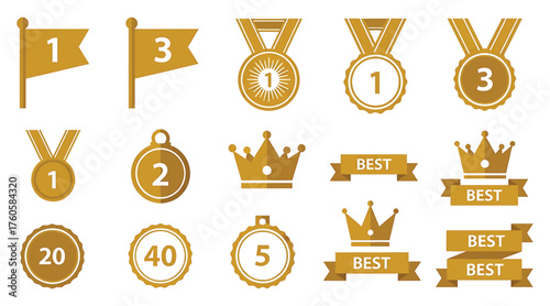Vector art of collection of golden award icons, featuring medals, flags, crowns, and ribbons, perfect for celebrating achievements and recognizing excellence