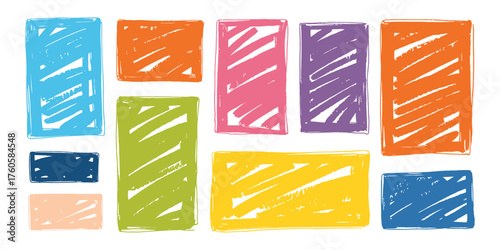 Collection of colorful hand drawn rectangular blocks with scribbled texture on a white background