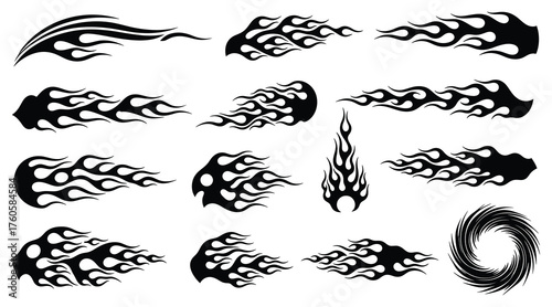 Vector art of set of black flame vector illustrations perfect for creating dynamic designs, adding a fiery touch to your artwork, or enhancing your graphic projects