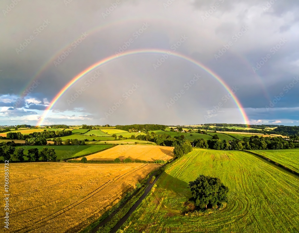 Obraz premium Aerial view of farmland beneath a double rainbow. Fields are golden and green, beneath a cloudy sky. The horizon stretches out