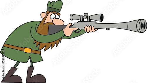 Cartoon hunter with beard, green outfit, oversized rifle, funny shooting pose, vector illustration, whimsical character, scope aiming, comic style, weapon