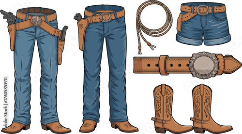Cowboy clothing set, Western outfit elements, jeans, boots, belt, holster, lasso rope, revolver gear, vector illustration, rodeo costume, isolated