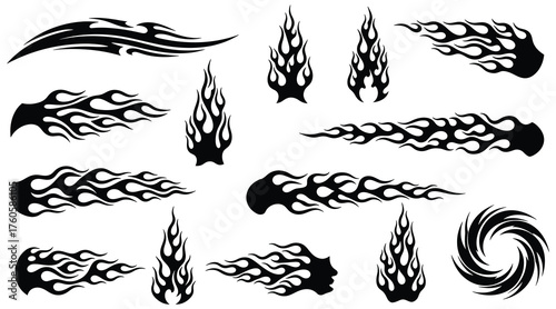 Vector art of collection of black flame decals, perfect for adding a fiery touch to vehicle graphics, tattoo designs, and edgy illustrations with a dynamic feel