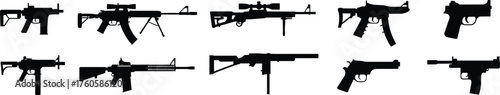 Gun silhouettes set, rifles, pistols, submachine guns, black vector icons, firearm collection, weapon shapes, military gear, tactical illustration, isolated