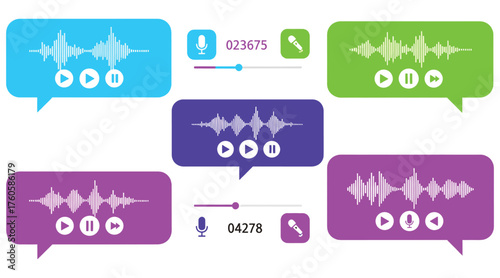 Vector art of voice message bubbles with sound waves, showcasing audio waveforms in vibrant colors, ideal for illustrating communication and technology concepts