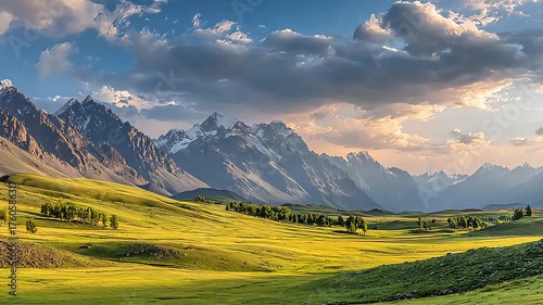 Lush Grasslands Stretch Peacefully Beneath Towering Mountain Views.