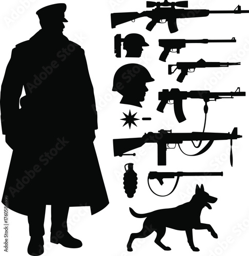 Military silhouette set, officer figure, firearms, helmets, grenade, working dog, tactical gear icons, black vector illustration, defense theme, isolated design