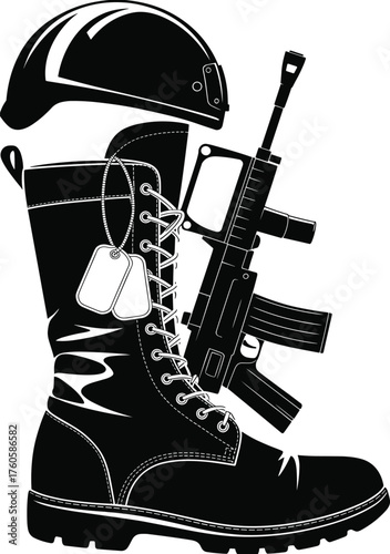 Military tribute illustration, helmet boot rifle, dog tags symbol, black silhouette, soldier gear, honor and sacrifice, vector design, isolated graphic