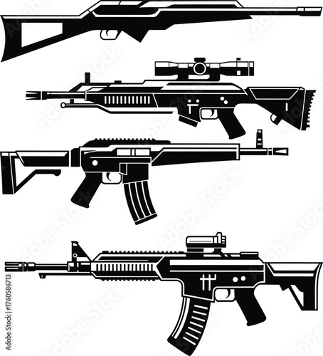 Rifle illustration, tactical weapon, firearm silhouette, military gear, black and white, side view, scoped rifle, gun design,