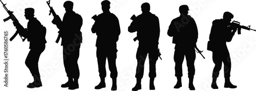 Soldier silhouettes set, armed military men, tactical poses, rifle holding, combat stance, black vector, war icons, defense illustration, army profile