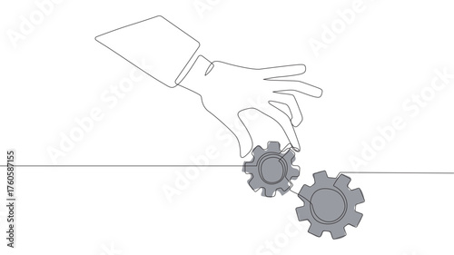Continuous one-line drawing businessman's hand put an important gear or cogwheel to make the machine run good. Workflow concept. Single line draw design vector graphic illustration.