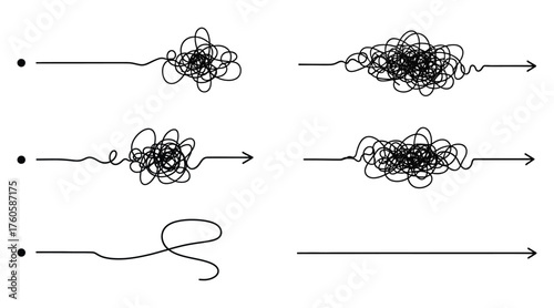 Vector art of set of tangled lines showing a complex path from point a to point b represents problem solving, confusion, or a difficult journey