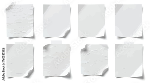 Vector art of collection of blank paper sheets with curled corners and adhesive tape perfect for mockups, presentations, or design elements