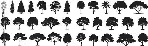 Tree silhouette collection, diverse botanical icons, coniferous deciduous tropical tree designs, black forest artwork, decorative nature illustration set