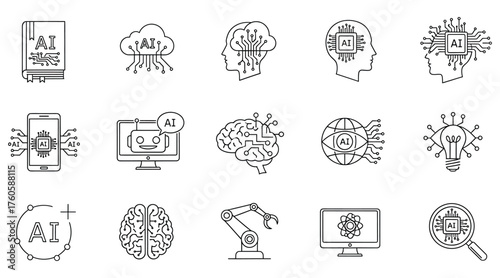 Vector art of collection of artificial intelligence icons, representing machine learning, neural networks, and automation, depicts future technology concepts