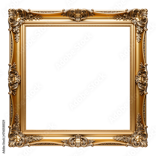 Ornate square golden picture frame with empty space isolated on transparent background