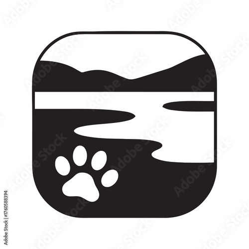 Landscape with a paw print on a trail by the water symbolizing wildlife tracking outdoor adventure and nature exploration in a park or wilderness