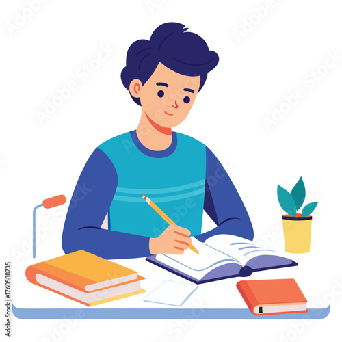 Young schoolboy reading a book at a desk, a cartoon illustration of a child learning or doing homework