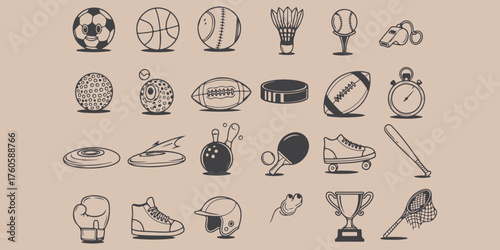 Collection of various sports equipment and accessories icons in a flat design style layout view
