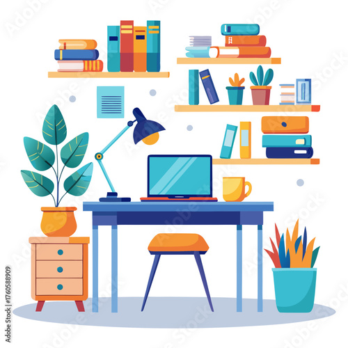 Vector set of office furniture icons including desk, chair, computer, cabinet, and lamp for interior design illustration