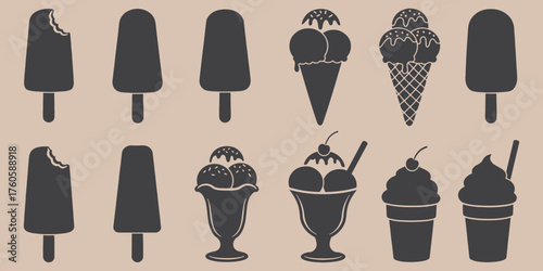 Collection of ice cream treats including popsicles cones and sundaes in a flat vector graphic style