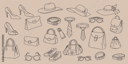 Assorted fashion accessories including hats shoes bags belts and ties in line drawing style