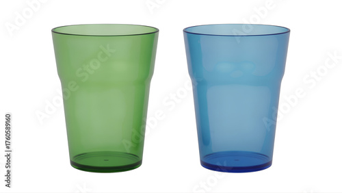 Colorful plastic drinking cups set green and blue reusable tumblers kitchenware drinkware tableware on transparent background