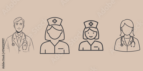 Illustration of a doctor and nurses with stethoscopes and nurse hats on a neutral background