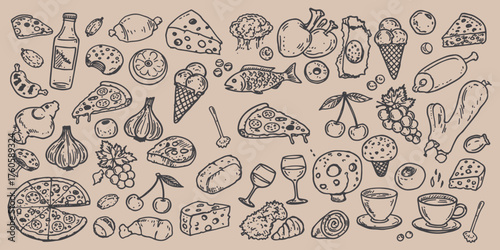 Assorted food items in a hand drawn style including pizza cheese and ice cream on a light brown background
