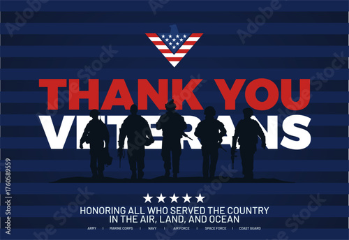 Patrioic Veterans Day 2025 poster with Thank You Veterans Typography, Soldier Silhouette and American Flag. Thank You Veterans Vector Illustration. Best for Veterans Tribute, Greeting and Banner. 