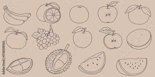 Assortment of outlined fruits including bananas apples oranges grapes and watermelon on a beige backdrop