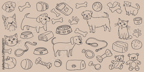 Doodle style illustration featuring dogs cats and pet accessories on a light brown background art