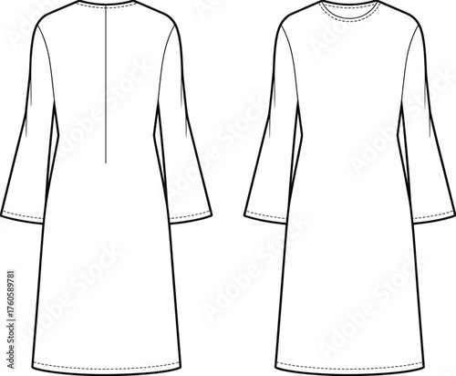 A-line dress flat sketch, bell sleeve dress, minimalist shift dress, vector fashion CAD, front and back technical drawing, clothing design template