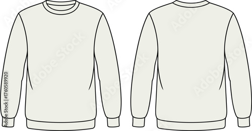 Blank sweatshirt front and back, long sleeve pullover template, unisex crewneck sweater fashion flat sketch, clothing mockup CAD drawing flat vector illustration