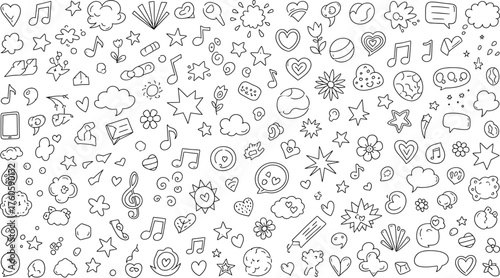 Vector art of collection of handdrawn doodle elements in black and white, includes stars, hearts, clouds, music notes, speech bubbles, and more for creative designs