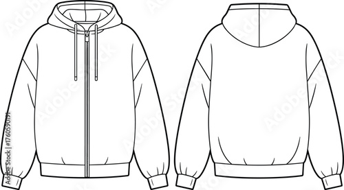 Hoodie jacket flat sketch front and back view, vector fashion cad drawing, zip up hooded sweatshirt design, apparel technical illustration template