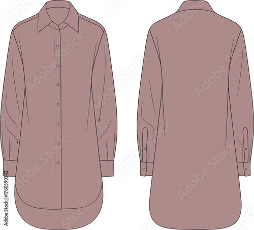 Long sleeve oversized shirt technical flat sketch, fashion CAD drawing, front and back view, apparel design template, vector illustration for clothing design, unisex tunic top