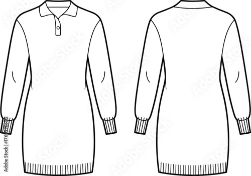Polo collar sweater dress flat sketch, long sleeve knit tunic, fashion CAD template, women’s pullover dress, ribbed cuff and hem