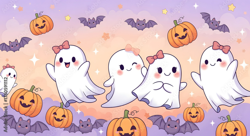 Naklejka premium Spooky Gathering: Adorable, smiling ghost characters amidst playful pumpkins and bats, creating a cheerful Halloween ambiance.
